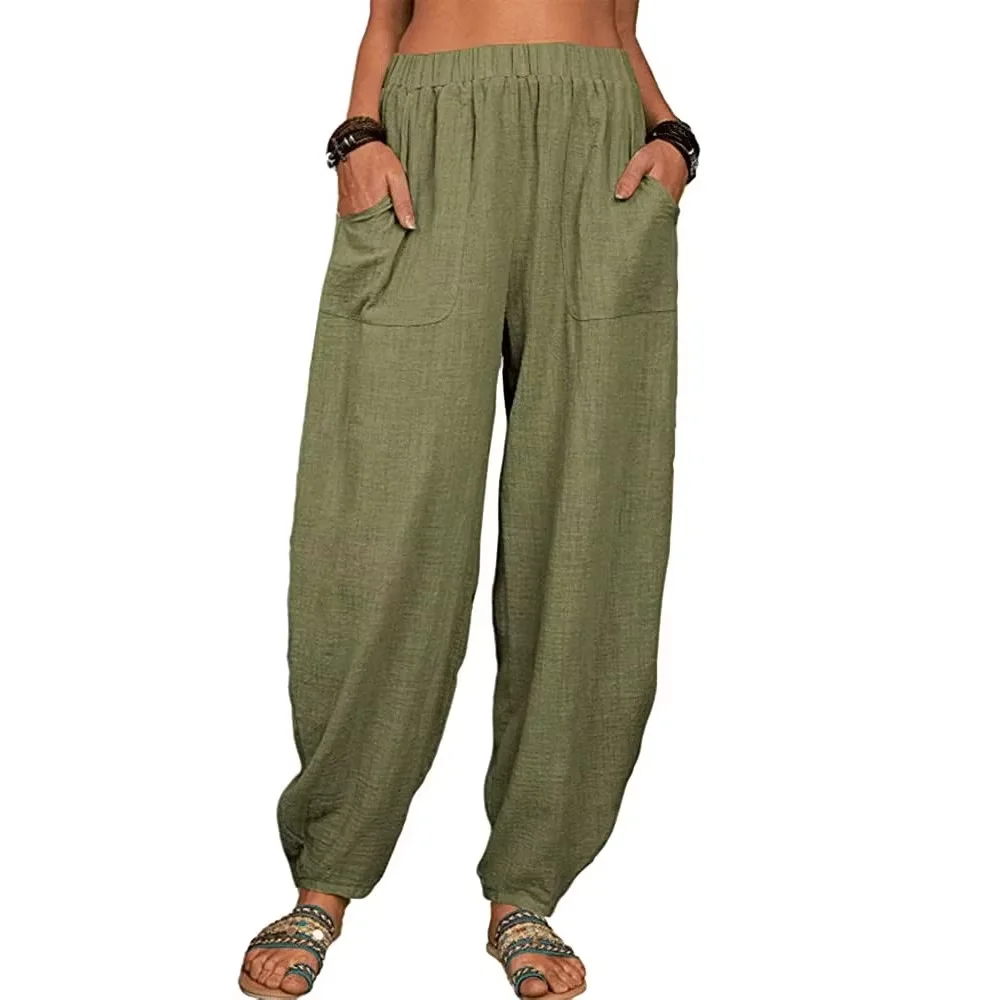 Women's Cotton Hemp Wide Leg Pants Summer Casual Vintage with Pockets Thin Beach Trousers Elastic Waist Retro Loose Harem Female