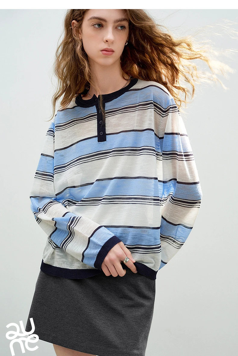 TOYOUTH Women Slub Linen Knit Tops 2026 Spring New Sporty Striped Loose Crew Neck Lightweight Blouses