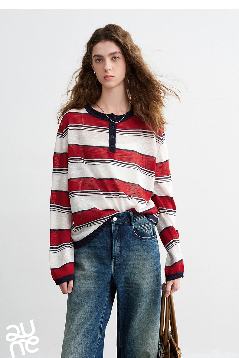 TOYOUTH Women Slub Linen Knit Tops 2026 Spring New Sporty Striped Loose Crew Neck Lightweight Blouses