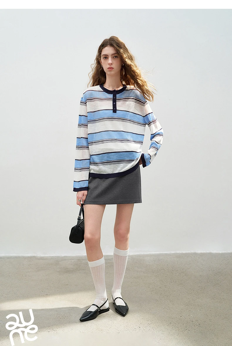 TOYOUTH Women Slub Linen Knit Tops 2026 Spring New Sporty Striped Loose Crew Neck Lightweight Blouses