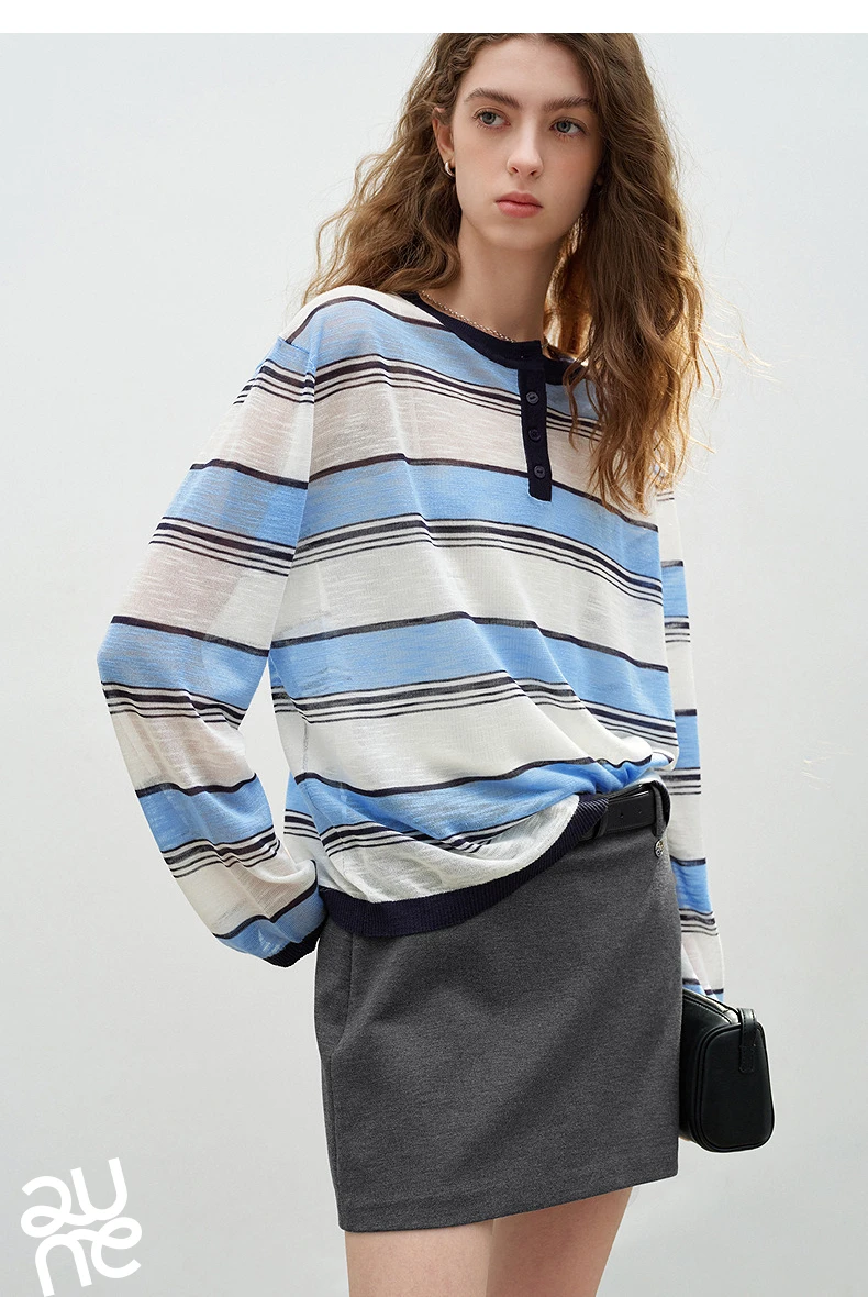 TOYOUTH Women Slub Linen Knit Tops 2026 Spring New Sporty Striped Loose Crew Neck Lightweight Blouses