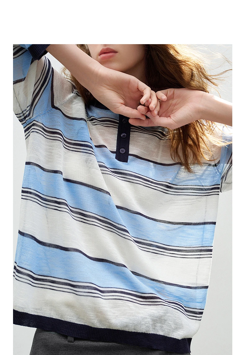 TOYOUTH Women Slub Linen Knit Tops 2026 Spring New Sporty Striped Loose Crew Neck Lightweight Blouses