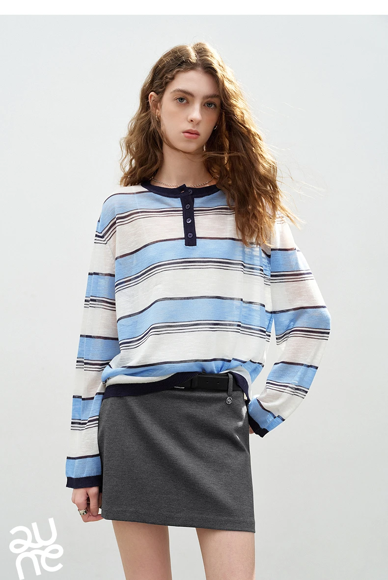 TOYOUTH Women Slub Linen Knit Tops 2026 Spring New Sporty Striped Loose Crew Neck Lightweight Blouses
