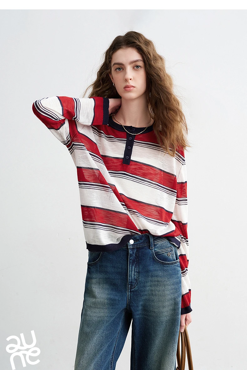 TOYOUTH Women Slub Linen Knit Tops 2026 Spring New Sporty Striped Loose Crew Neck Lightweight Blouses