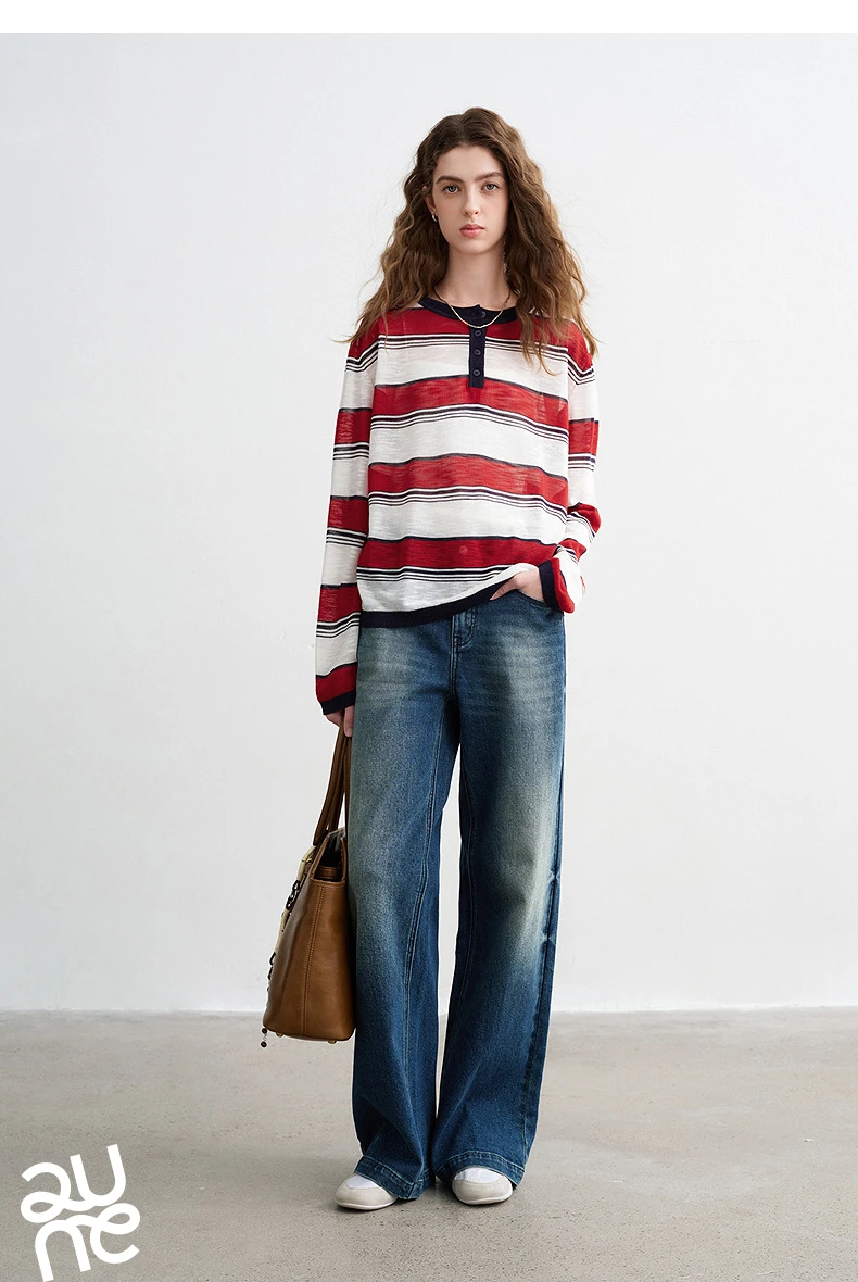TOYOUTH Women Slub Linen Knit Tops 2026 Spring New Sporty Striped Loose Crew Neck Lightweight Blouses