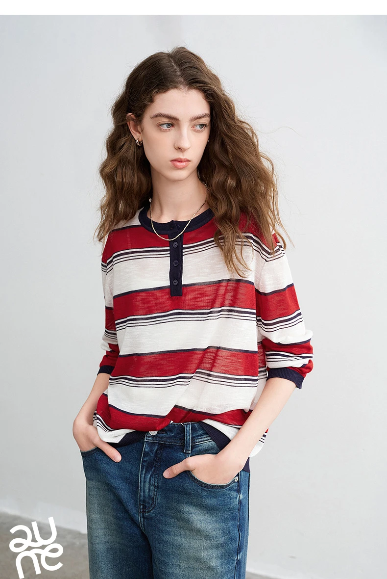 TOYOUTH Women Slub Linen Knit Tops 2026 Spring New Sporty Striped Loose Crew Neck Lightweight Blouses