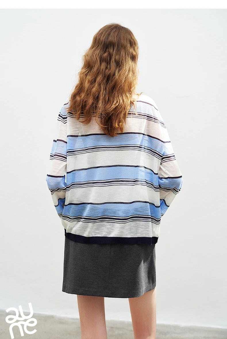 TOYOUTH Women Slub Linen Knit Tops 2026 Spring New Sporty Striped Loose Crew Neck Lightweight Blouses