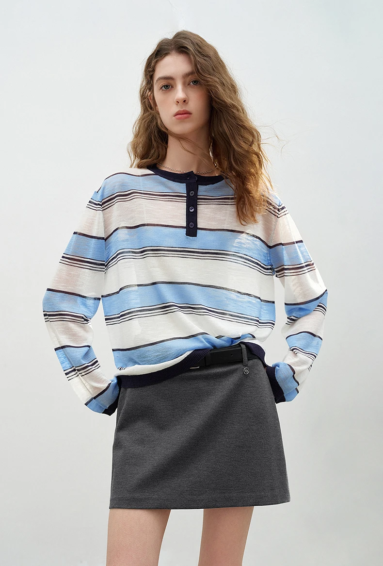 TOYOUTH Women Slub Linen Knit Tops 2026 Spring New Sporty Striped Loose Crew Neck Lightweight Blouses