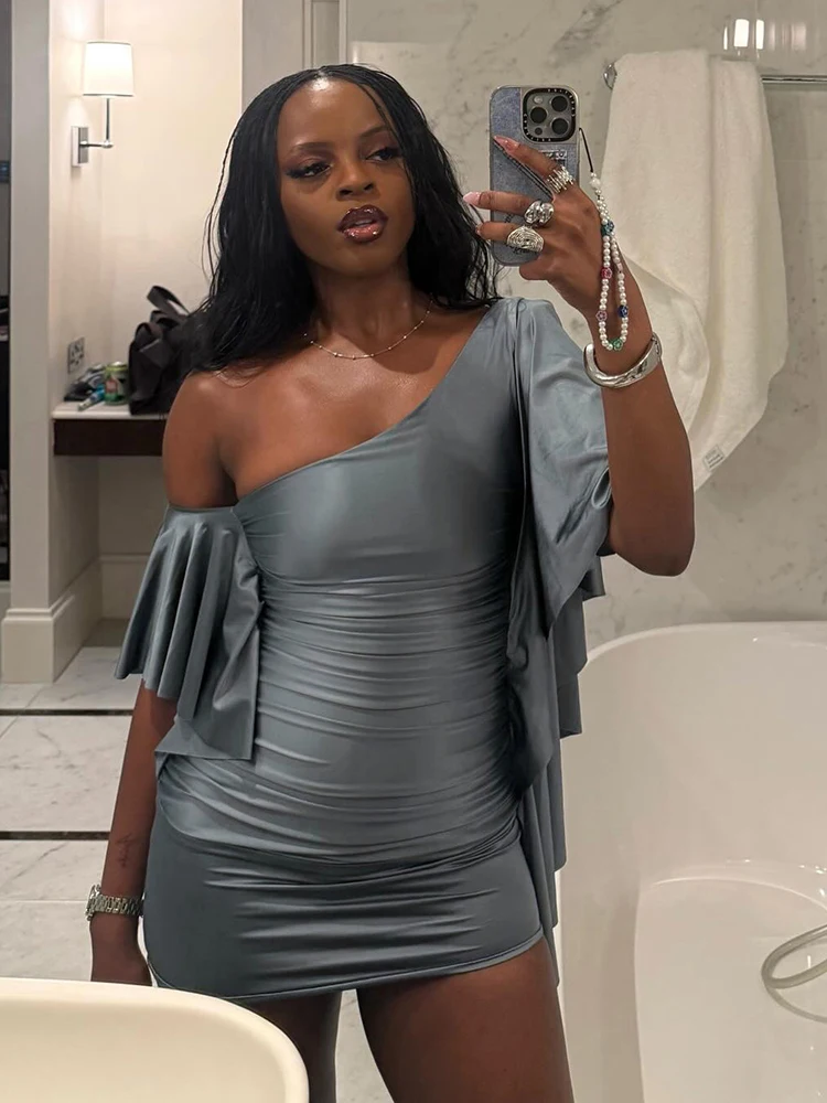 Nibber Off Shoulder Mini Dress Woman Sexy Fashion Skew Collar Flared Sleeve Skinny Peach Hip Midnight Club Party Elegant Bodycon