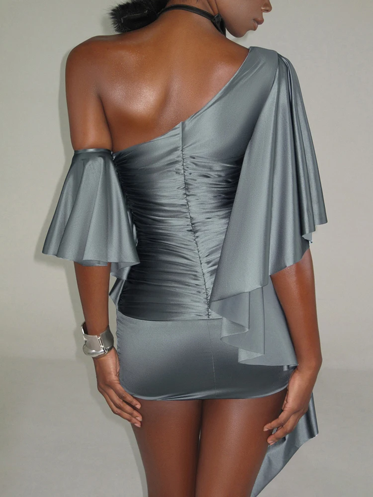 Nibber Off Shoulder Mini Dress Woman Sexy Fashion Skew Collar Flared Sleeve Skinny Peach Hip Midnight Club Party Elegant Bodycon