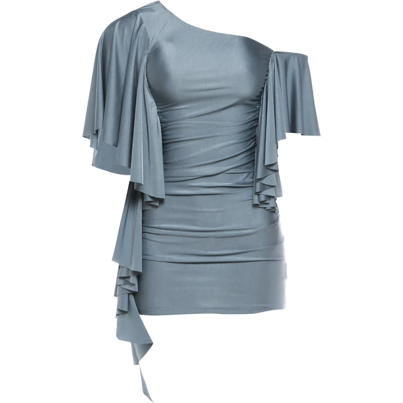 Nibber Off Shoulder Mini Dress Woman Sexy Fashion Skew Collar Flared Sleeve Skinny Peach Hip Midnight Club Party Elegant Bodycon