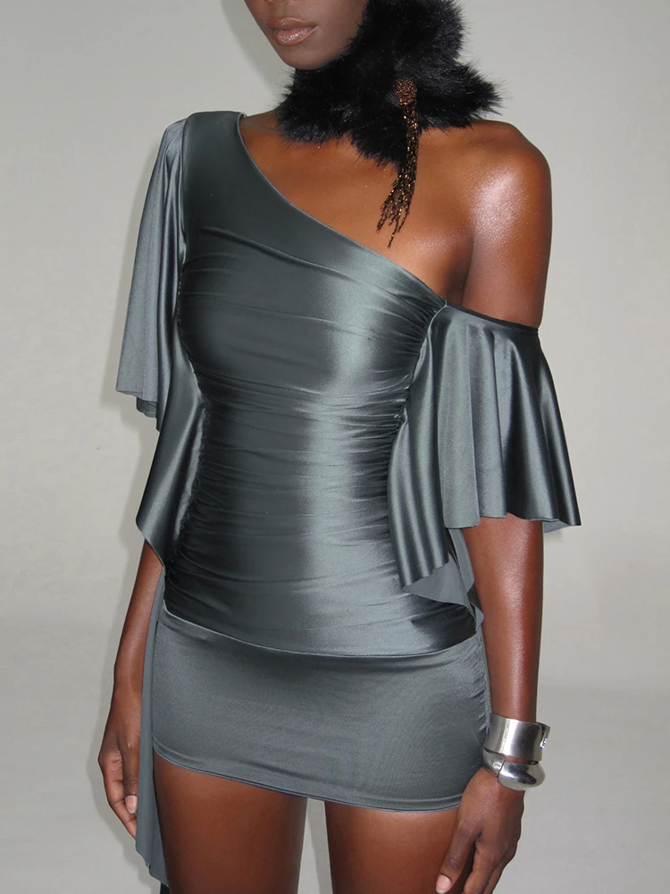 Nibber Off Shoulder Mini Dress Woman Sexy Fashion Skew Collar Flared Sleeve Skinny Peach Hip Midnight Club Party Elegant Bodycon