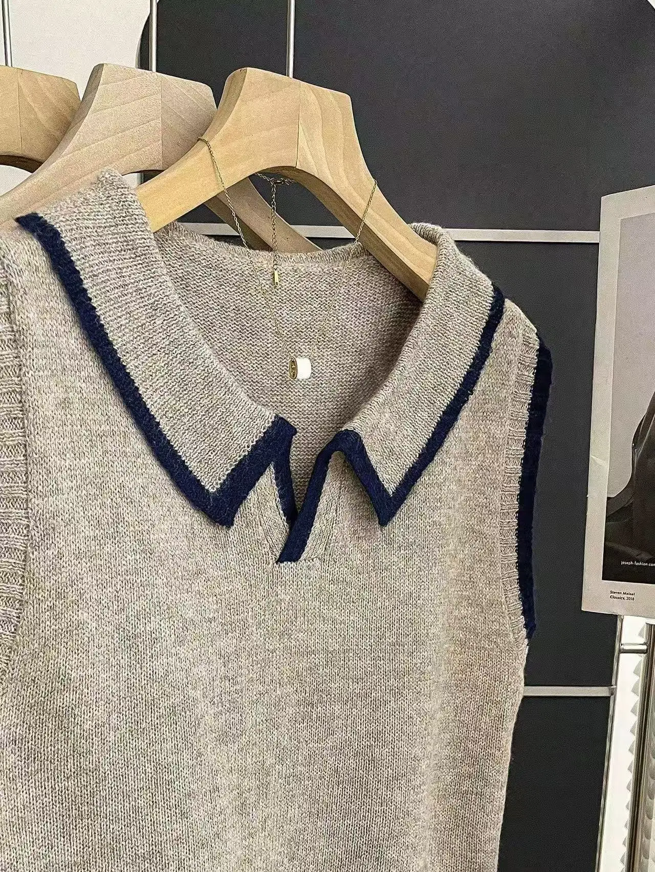 Women's Knitted Vest with a Polo Collar Design, Contrast Piping Decoration, Soft, Versatile, and Easy to Wear