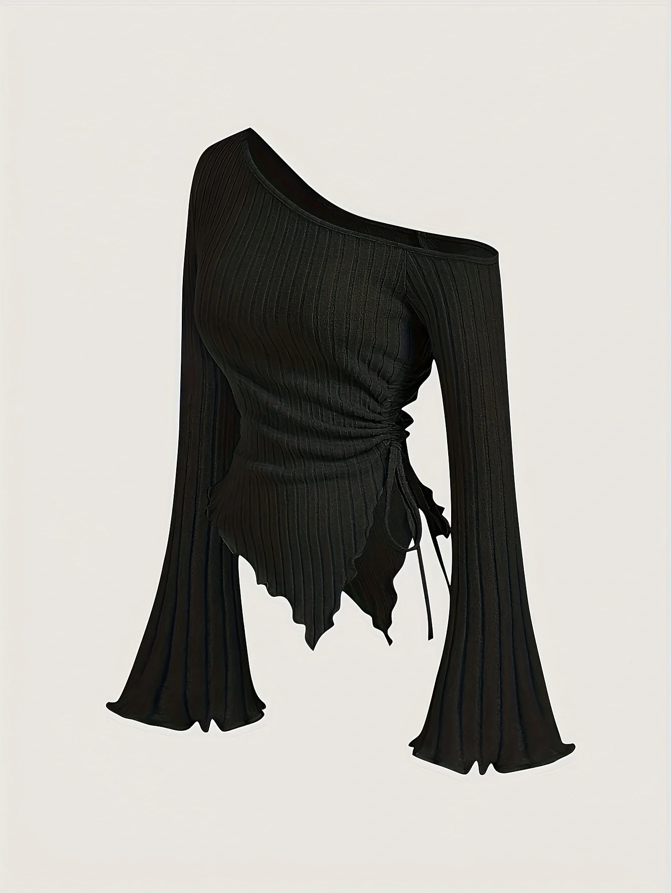 Women's Off-Shoulder Cross Long-Sleeved Slim Fit T-Shirt Asymmetrical Street Style Casual Elegant Top with Trumpet Sleeves