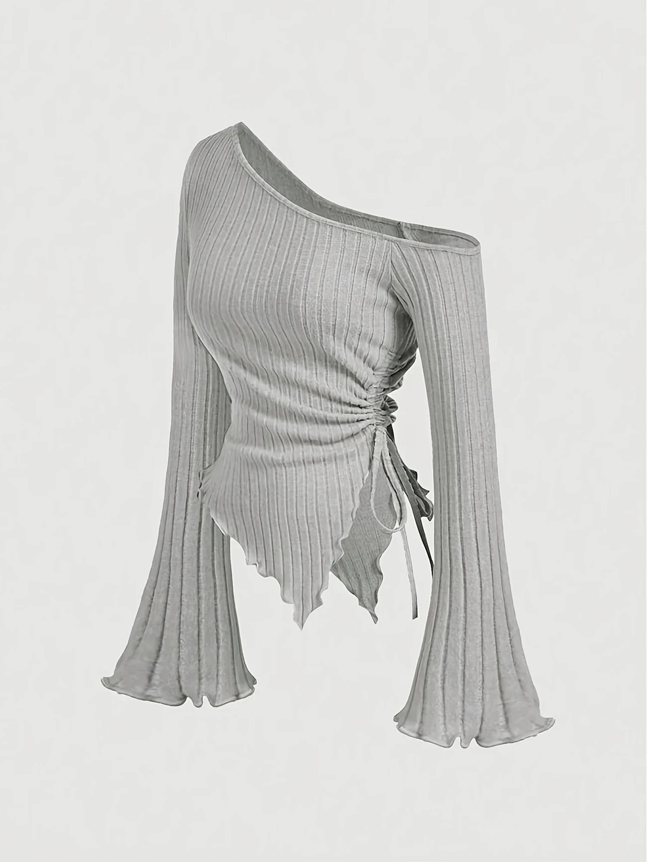 Women's Off-Shoulder Cross Long-Sleeved Slim Fit T-Shirt Asymmetrical Street Style Casual Elegant Top with Trumpet Sleeves