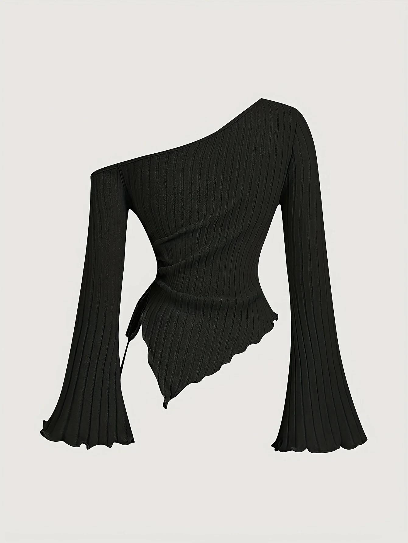 Women's Off-Shoulder Cross Long-Sleeved Slim Fit T-Shirt Asymmetrical Street Style Casual Elegant Top with Trumpet Sleeves