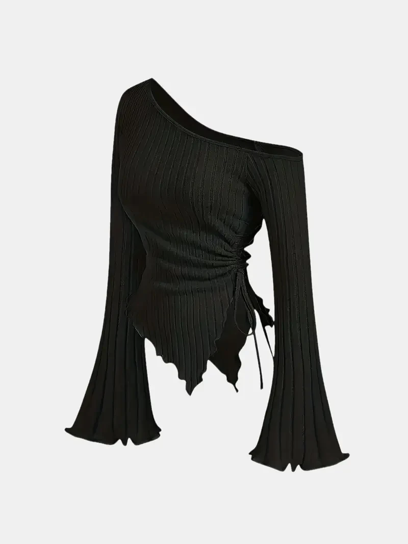 Women's Off-Shoulder Cross Long-Sleeved Slim Fit T-Shirt Asymmetrical Street Style Casual Elegant Top with Trumpet Sleeves