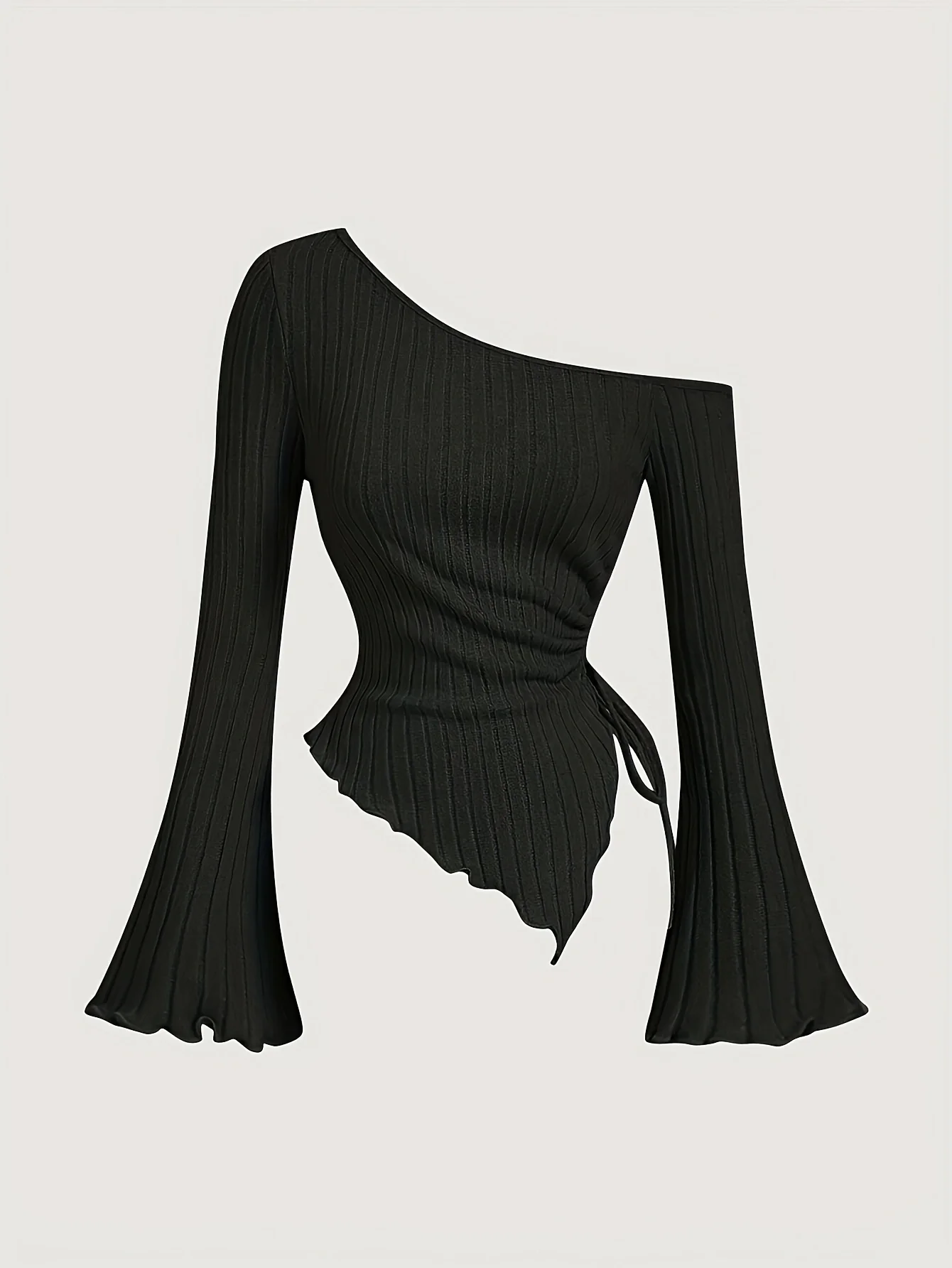 Women's Off-Shoulder Cross Long-Sleeved Slim Fit T-Shirt Asymmetrical Street Style Casual Elegant Top with Trumpet Sleeves
