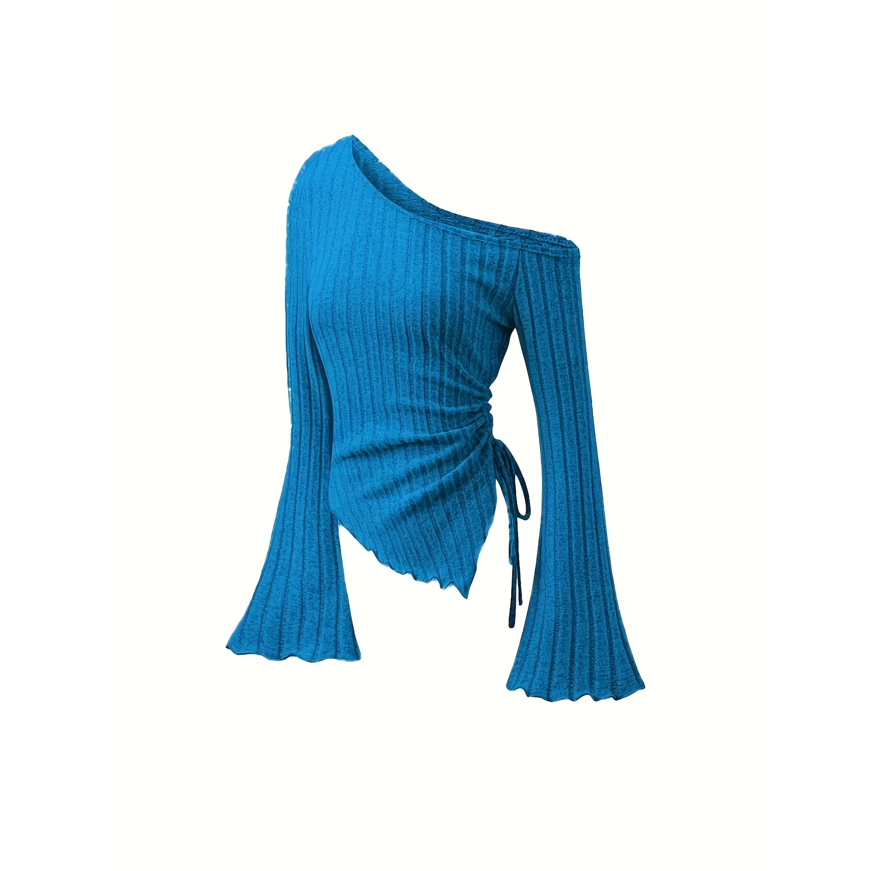 Women's Off-Shoulder Cross Long-Sleeved Slim Fit T-Shirt Asymmetrical Street Style Casual Elegant Top with Trumpet Sleeves