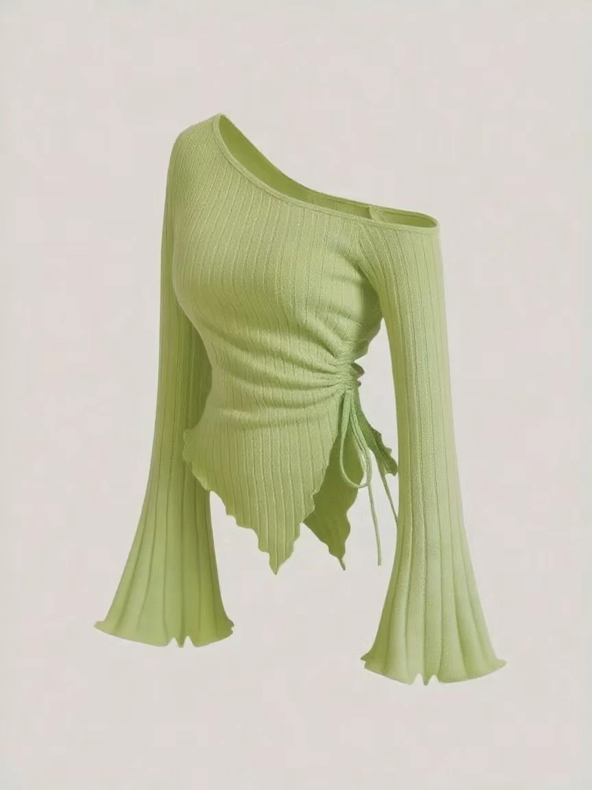 Women's Off-Shoulder Cross Long-Sleeved Slim Fit T-Shirt Asymmetrical Street Style Casual Elegant Top with Trumpet Sleeves