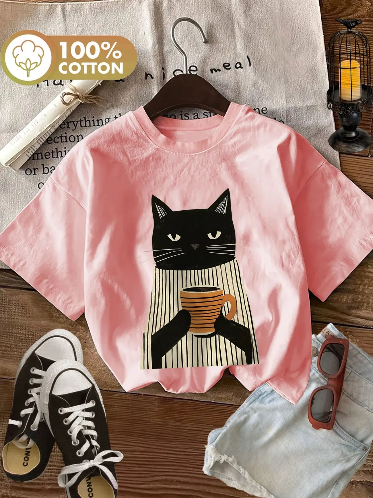 Cute Black Cat with Coffee 100% Cotton Women's T-Shirt Soft Crew Neck Short Sleeve Top Tee Shirt Oversized Funny Female Trendy