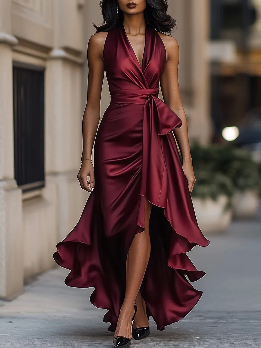 Women's Deep V-Neck Ruffled Evening Gowns Solid Lace-Up High Waist Satin Party Dresses Elegant Temperament Wedding Guests Dress