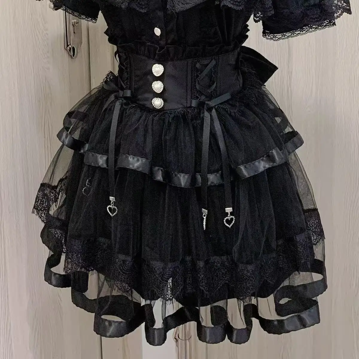 Japanese Sweet Lolita Style Mini Skirt Women Retro Elegant Lace Bandage Party Cake Skirts Female Gothic Y2k Metal Buckle Skirts