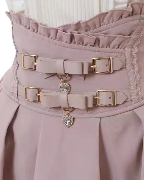 Japanese Sweet Lolita Style Mini Skirt Women Retro Elegant Lace Bandage Party Cake Skirts Female Gothic Y2k Metal Buckle Skirts