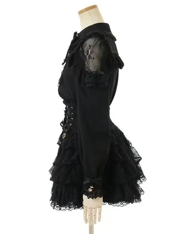 Japanese Sweet Lolita Style Mini Skirt Women Retro Elegant Lace Bandage Party Cake Skirts Female Gothic Y2k Metal Buckle Skirts