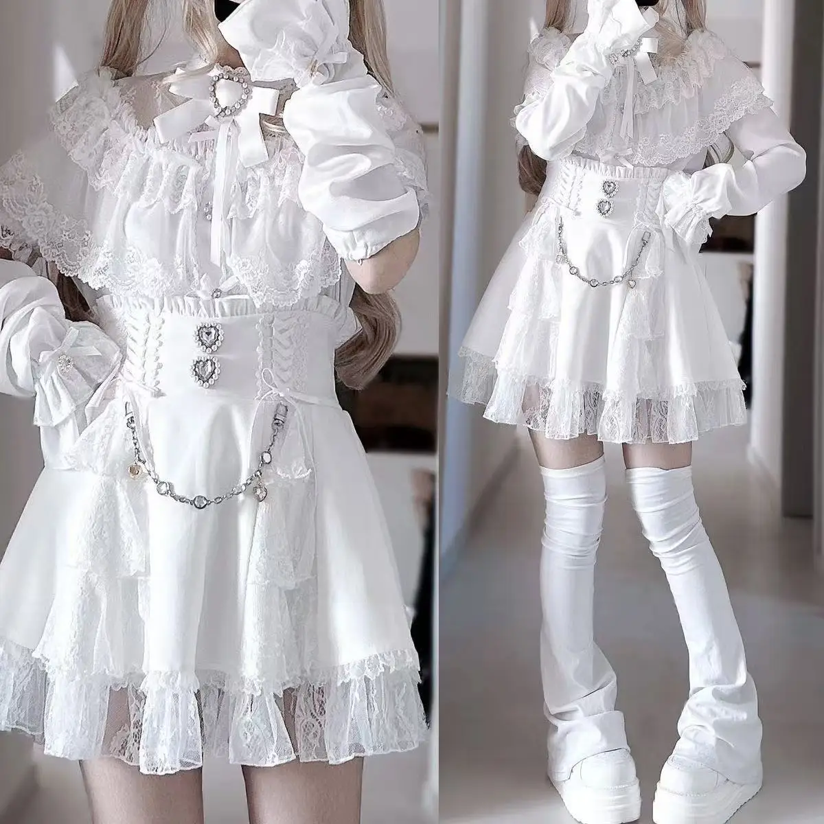 Japanese Sweet Lolita Style Mini Skirt Women Retro Elegant Lace Bandage Party Cake Skirts Female Gothic Y2k Metal Buckle Skirts
