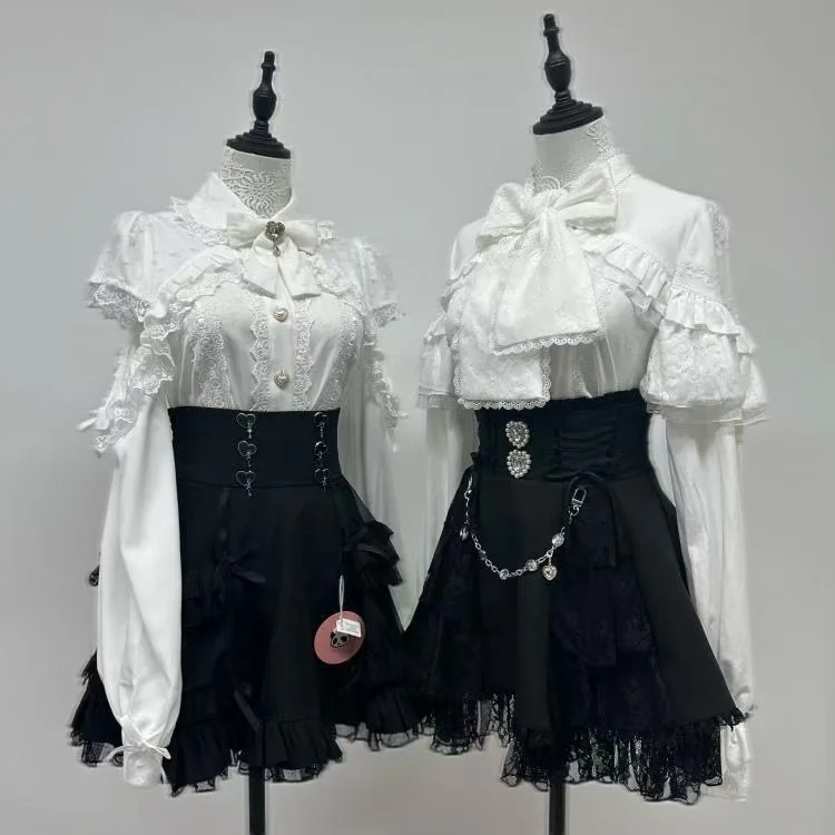 Japanese Sweet Lolita Style Mini Skirt Women Retro Elegant Lace Bandage Party Cake Skirts Female Gothic Y2k Metal Buckle Skirts