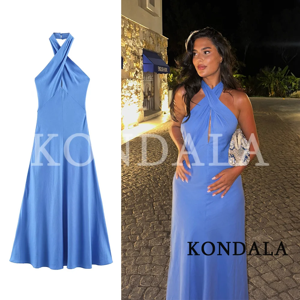 KONDALA Women Elegant Crossed Halter Slim Long Dress 2026 Summer Trendy Holiday Chic Backless Dress Female Romantic Dinner Dress