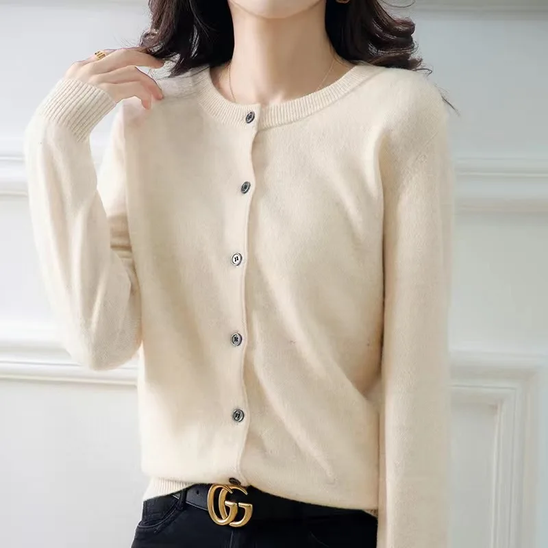 Women's round neck loose fitting slimming cardigan sweater, spring and autumn knitted cardigan, solid color versatile top
