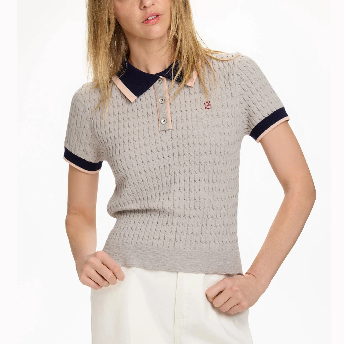 CH Solid Color Embroidered Knit Polo Shirt Women Elegant Short Sleeve Ribbed Trim Office Casual Tops