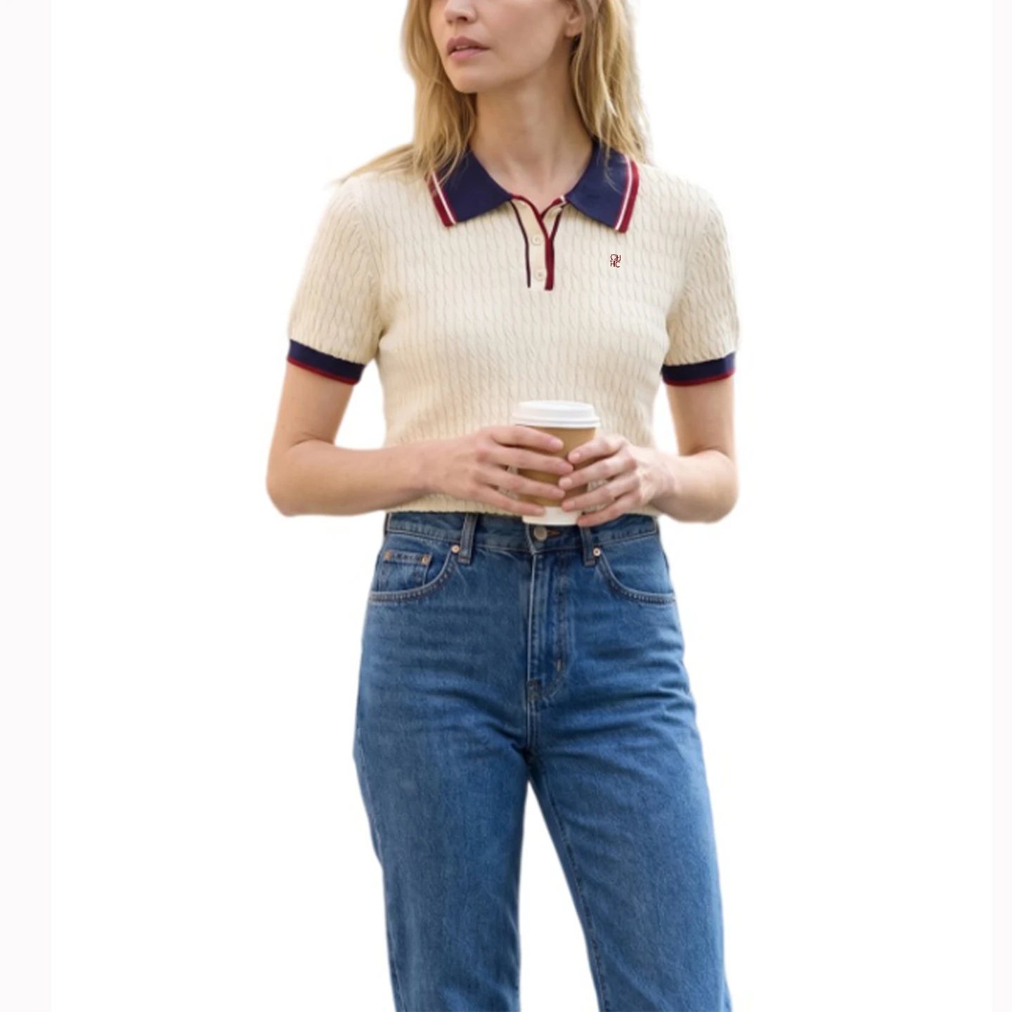 CH Solid Color Embroidered Knit Polo Shirt Women Elegant Short Sleeve Ribbed Trim Office Casual Tops