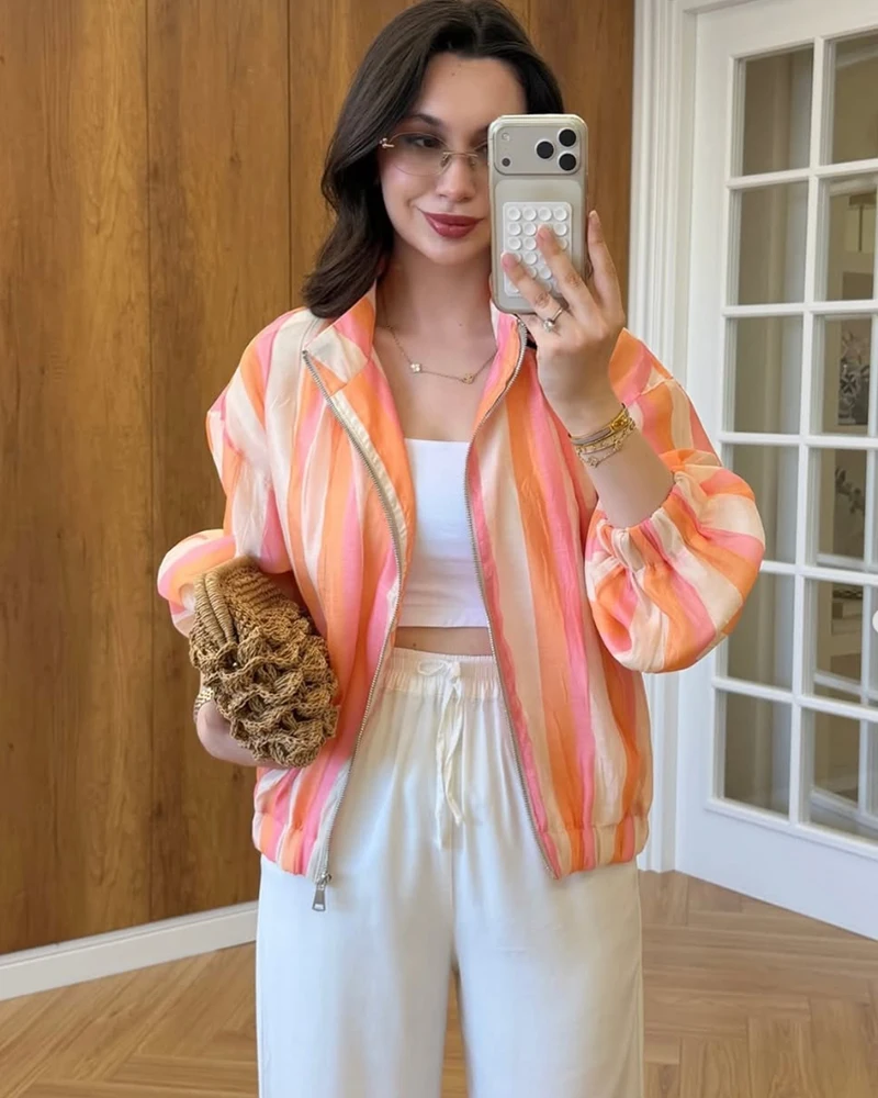 Women's Jacket 2026 New Summer Long Sleeve Loose Stripe Jacket for Women Stylish Chic Personality Coat Ladies Outerwear