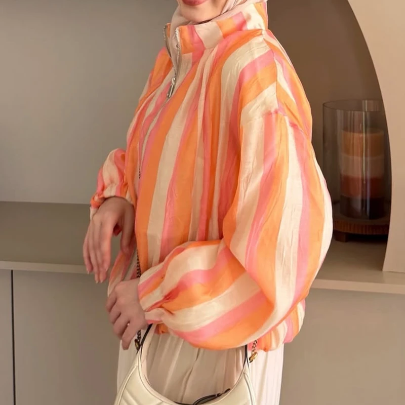 Women's Jacket 2026 New Summer Long Sleeve Loose Stripe Jacket for Women Stylish Chic Personality Coat Ladies Outerwear