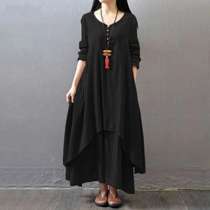 Irregular Button Women's Cotton and Linen Pocket Dress Korean Round Neck Short Sleeved Loose Solid Color Irregular Double-Layer
