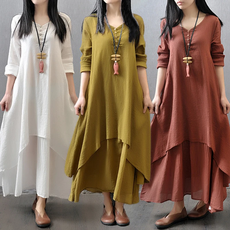 Irregular Button Women's Cotton and Linen Pocket Dress Korean Round Neck Short Sleeved Loose Solid Color Irregular Double-Layer