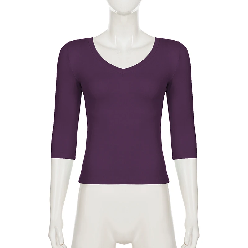 Women's V-Neck 3/4 Sleeve Crop Top Slim Fit Casual Basic Solid Color Short Tee for Daily Wear Summer All Match T-shits 2026 New