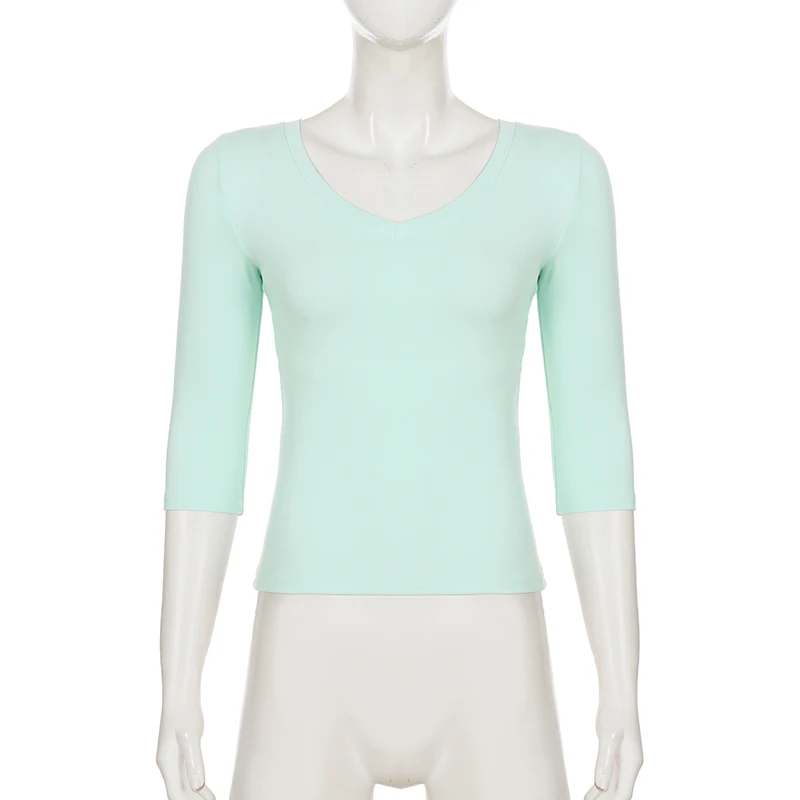 Women's V-Neck 3/4 Sleeve Crop Top Slim Fit Casual Basic Solid Color Short Tee for Daily Wear Summer All Match T-shits 2026 New