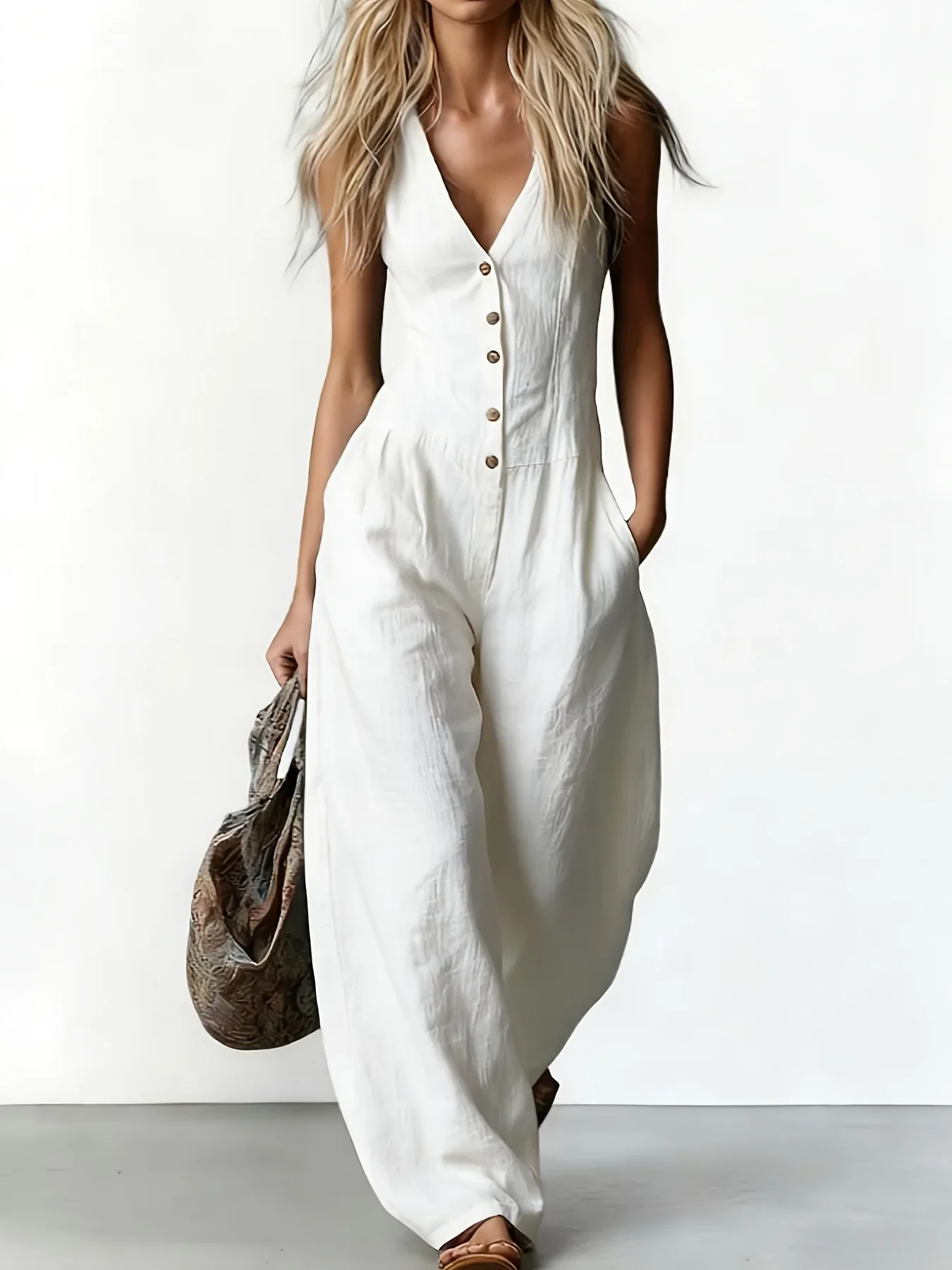 Women V Neck Spaghetti Strap Jumpsuit High Waist Pleated Wide Leg Long Pants with Pockets Casual Vacation Solid Overalls