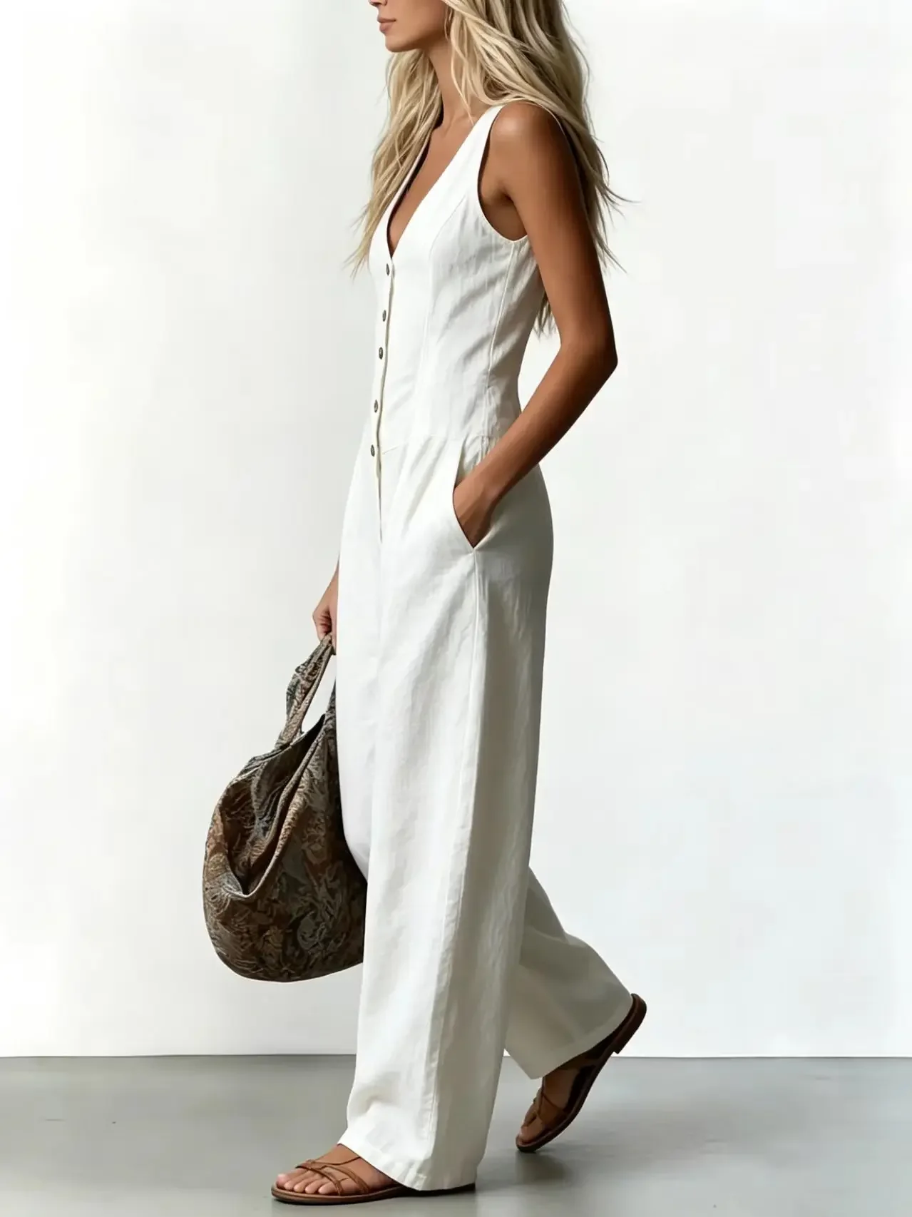 Women V Neck Spaghetti Strap Jumpsuit High Waist Pleated Wide Leg Long Pants with Pockets Casual Vacation Solid Overalls
