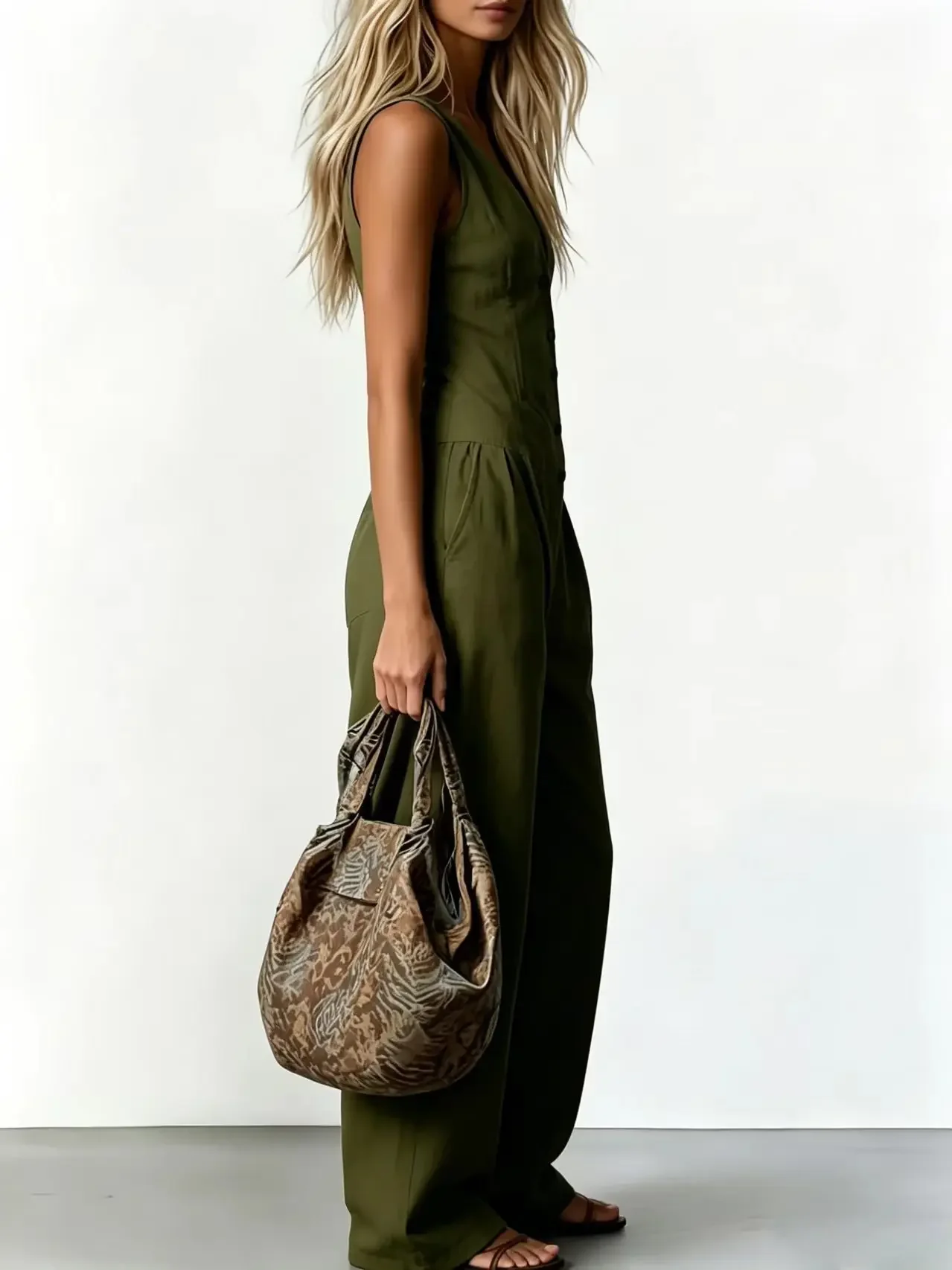 Women V Neck Spaghetti Strap Jumpsuit High Waist Pleated Wide Leg Long Pants with Pockets Casual Vacation Solid Overalls
