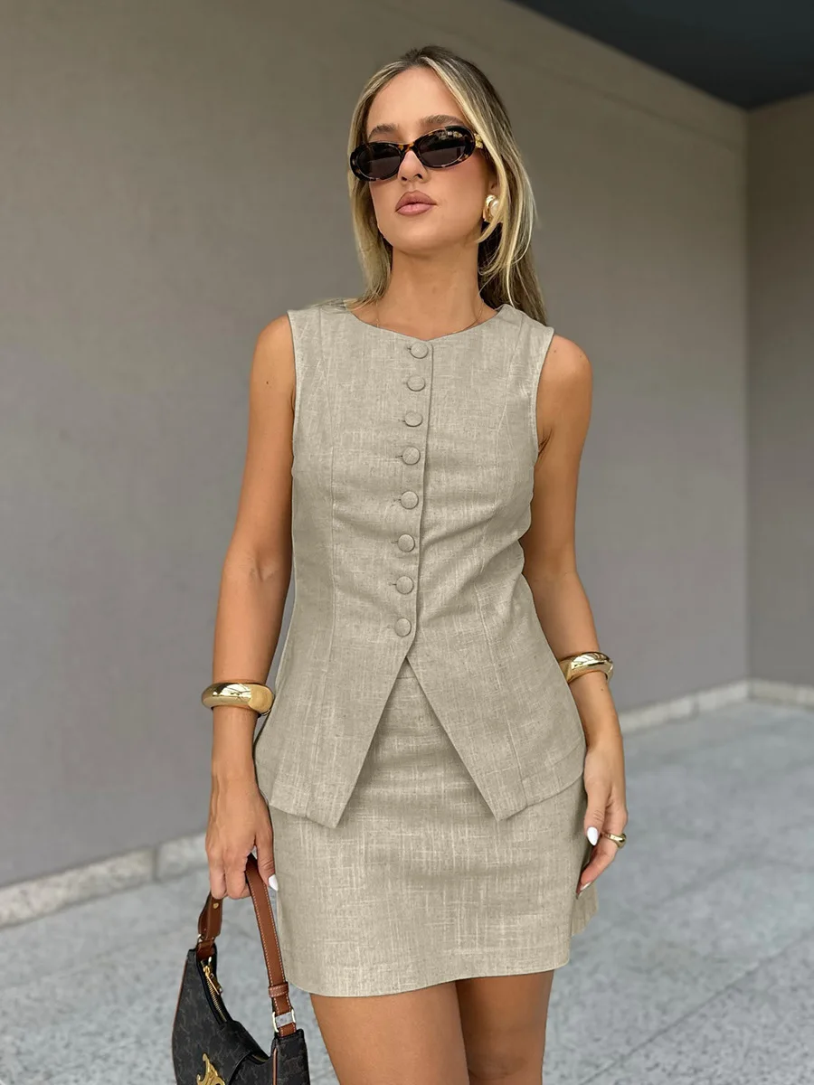 Bornladies 2026 Summer New Linen Vest Mini Skirt Set Women's Buttoned Sleeveless Vest Short Skirt Two-Piece Outfit
