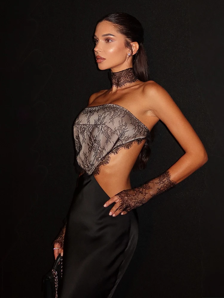 CNYISHE Hollow Out Strapless Lace Patchwork Hip Wrap Sexy Club Women Dresses Sheath Bodycon Fashion Female Outfits Party Slim