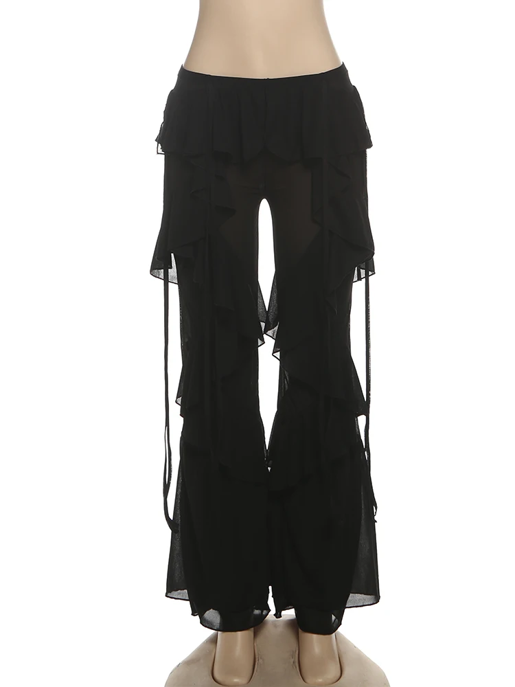 Weird Puss Irregular Tierred Flare Pants Women Y2K Patchwork See Through Summer Hipster Wild Basic Street Trend Classic Trousers