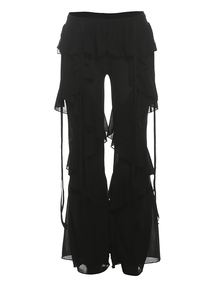 Weird Puss Irregular Tierred Flare Pants Women Y2K Patchwork See Through Summer Hipster Wild Basic Street Trend Classic Trousers