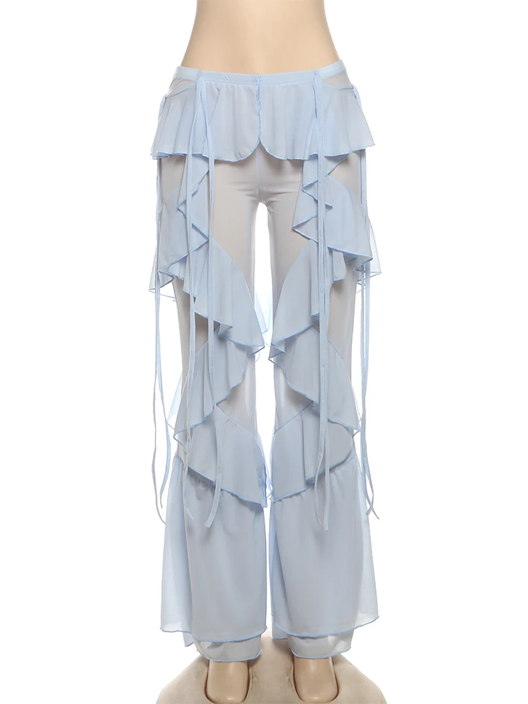 Weird Puss Irregular Tierred Flare Pants Women Y2K Patchwork See Through Summer Hipster Wild Basic Street Trend Classic Trousers