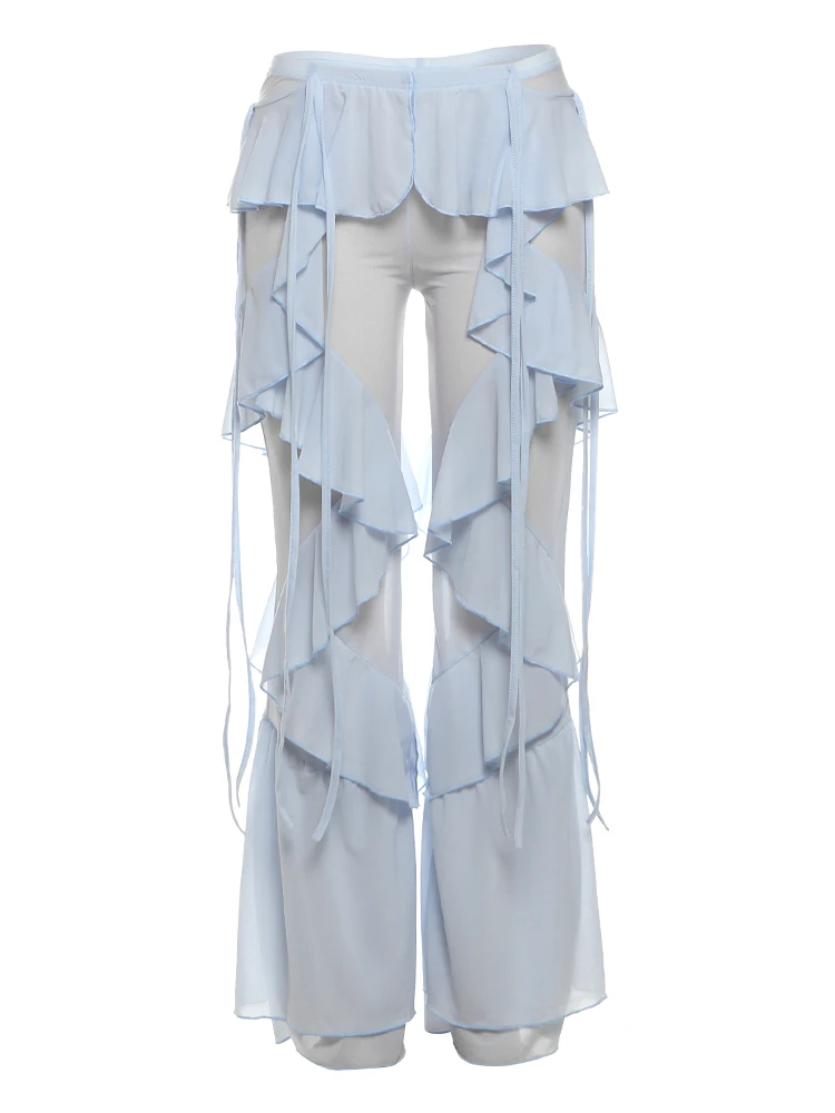 Weird Puss Irregular Tierred Flare Pants Women Y2K Patchwork See Through Summer Hipster Wild Basic Street Trend Classic Trousers